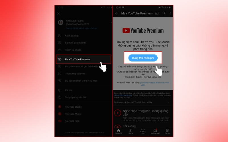chọn mục Mua YouTube Premium