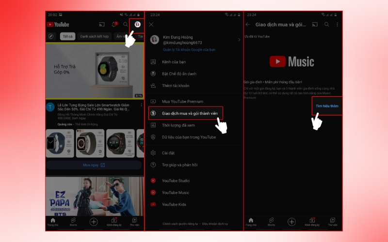 vào trang chủ Youtube rồi chọn mục Giao dịch mua và gói thành viên