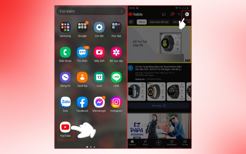 mở youtube trên điện thoại và nhấn vào biểu tượng tài khoản